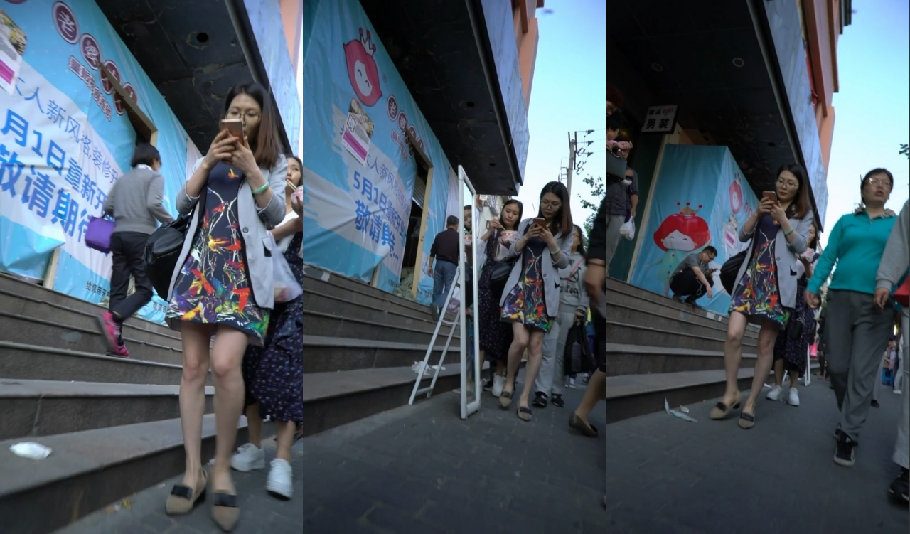 ⚫️步行街极限抄底长发眼镜反差姐姐，网状透明骚内，鲍鱼露一半藏一半，太诱人了