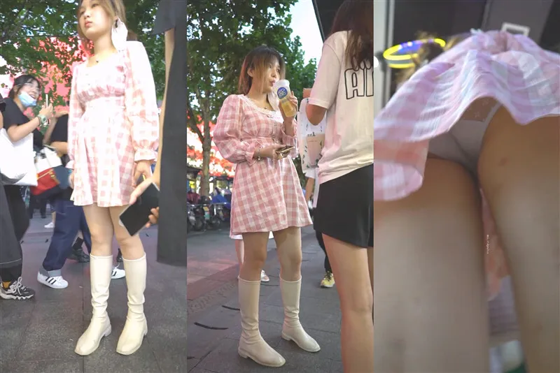 公交车站跟踪抄底连衣裙美女半透内隐约可以看到阴毛挺多的